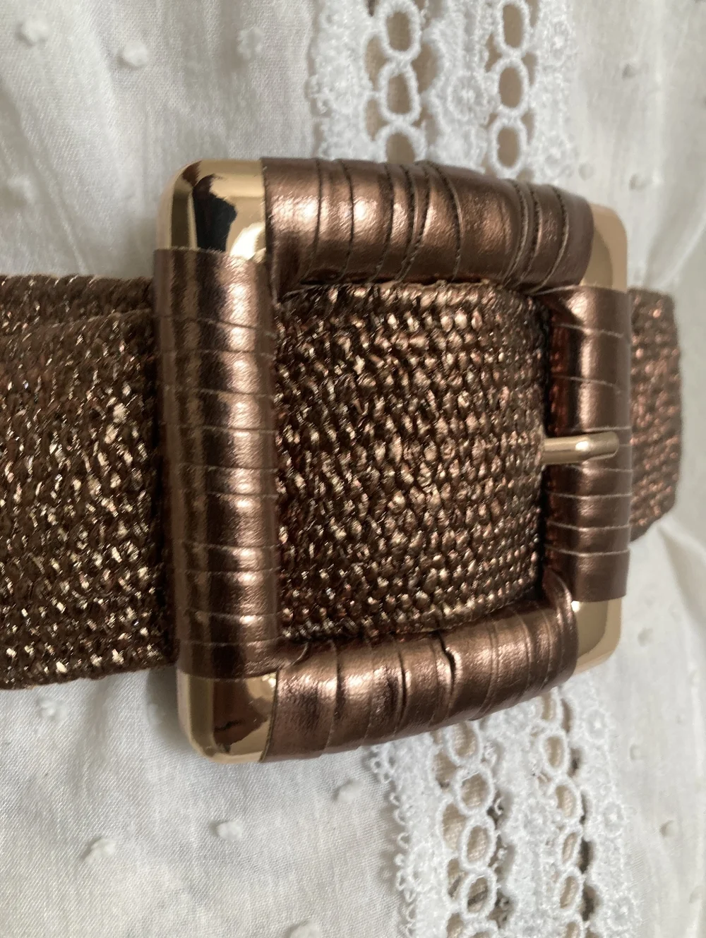 Corset Wide Woven Waist Belt Metallic Bronze Stretch Chunky Square Buckle S/M/L